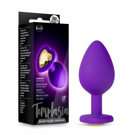 Фиолетовая анальная пробка Bling Plug Medium с золотистым стразом - 8,3 см. 