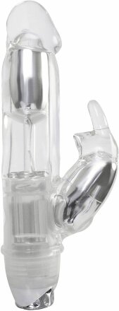 Прозрачный вибратор с клиторальным зайкой Lucidity Big Bang Light Up Vibe - 16 см. 